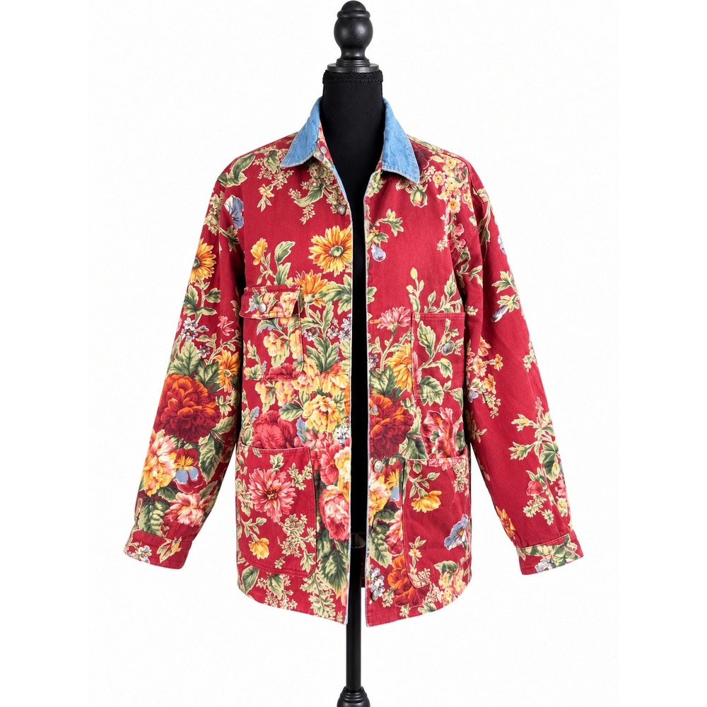 M2D Reversible Jacket Women's M Denim Blue Red Floral Utility Chore Coat